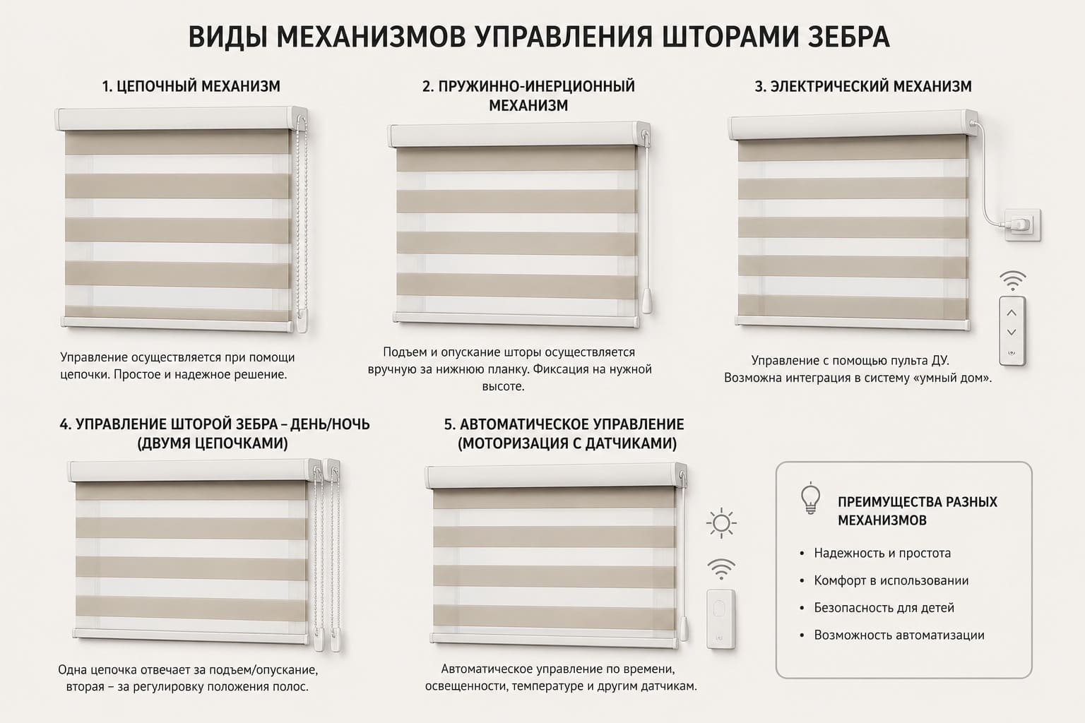 Виды механизмов управления шторами Зебра